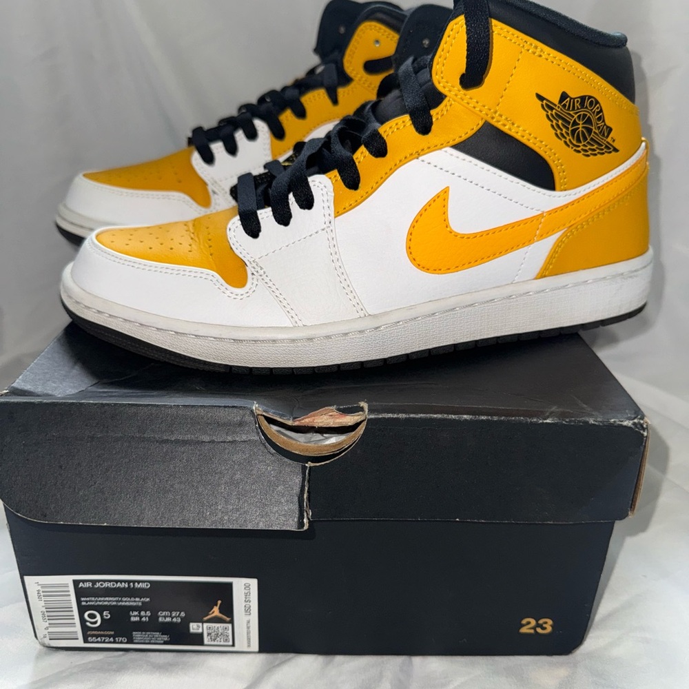 Nike Air Jordan 1 Mid Yellow White Black High Top Sneakers size 9.5